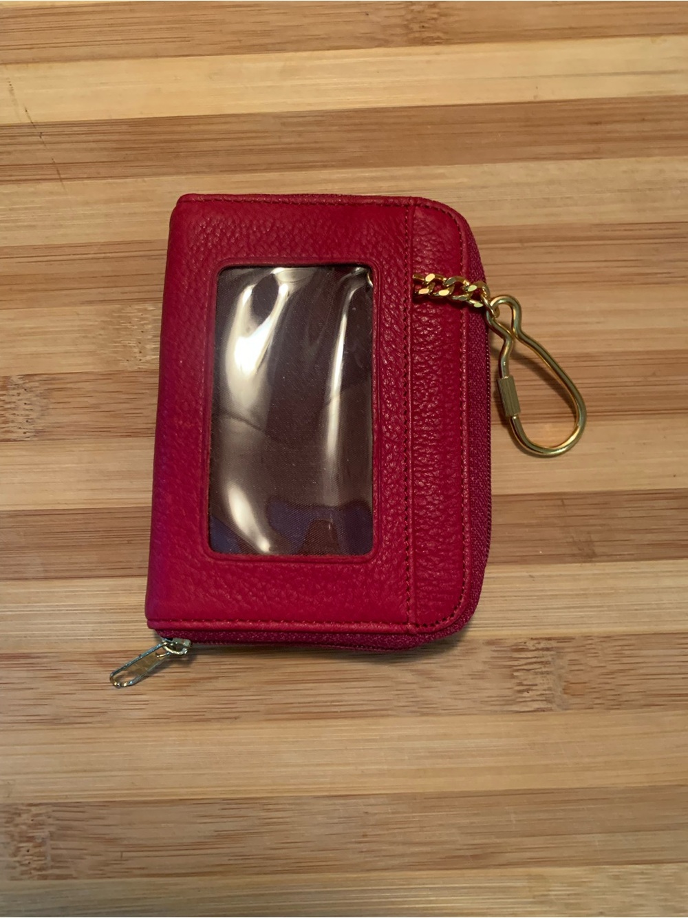 Red Pebbled Leather Zip Card ID Wallet with Gold Keychain Clip for Women